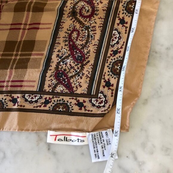 TALBOTS Italian Silk Brown Paisley Plaid Scarf 33" Square - Picture 15 of 17